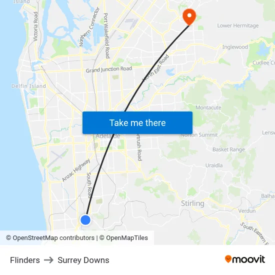 Flinders to Surrey Downs map