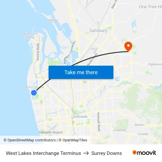 West Lakes Interchange Terminus to Surrey Downs map