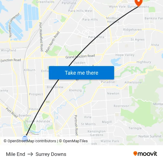 Mile End to Surrey Downs map