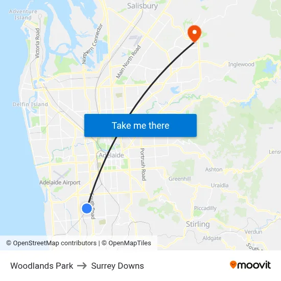 Woodlands Park to Surrey Downs map
