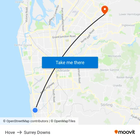 Hove to Surrey Downs map