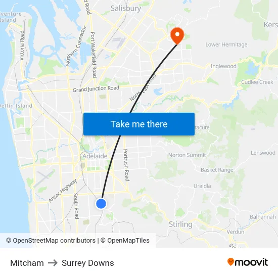 Mitcham to Surrey Downs map