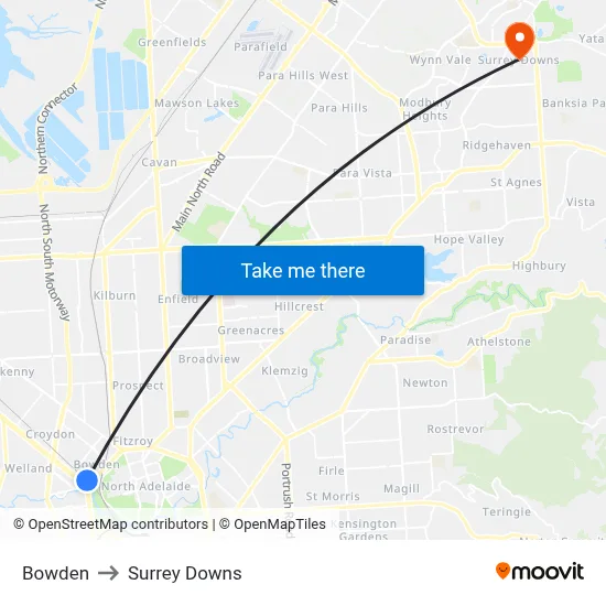 Bowden to Surrey Downs map