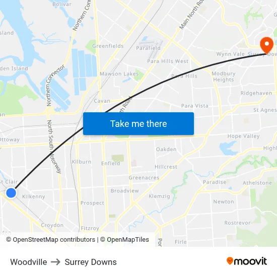 Woodville to Surrey Downs map