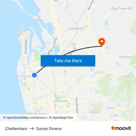 Cheltenham to Surrey Downs map