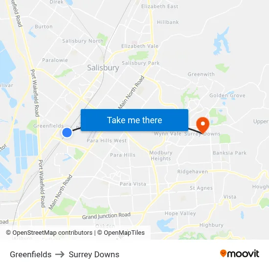 Greenfields to Surrey Downs map