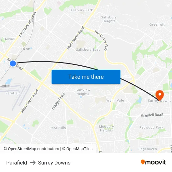 Parafield to Surrey Downs map