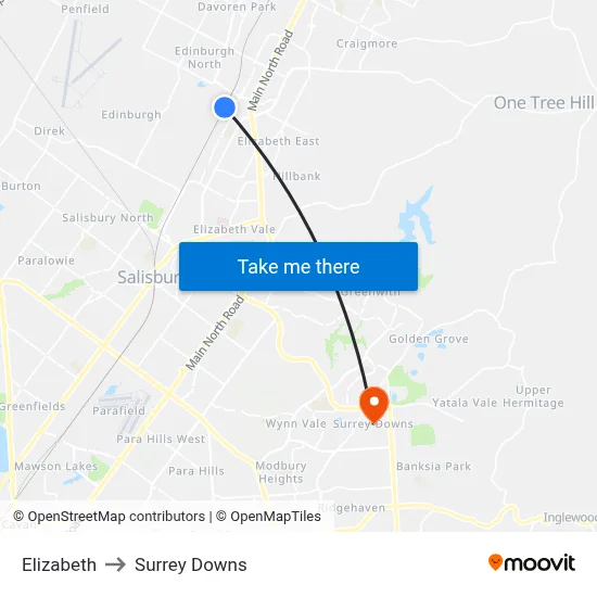 Elizabeth to Surrey Downs map