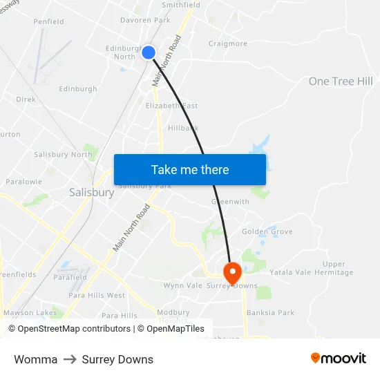 Womma to Surrey Downs map