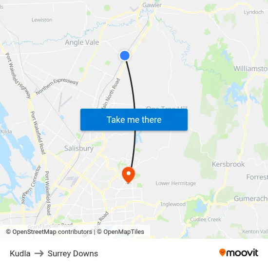 Kudla to Surrey Downs map