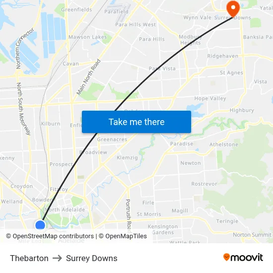 Thebarton to Surrey Downs map