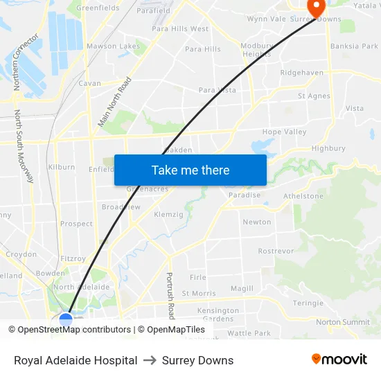 Royal Adelaide Hospital to Surrey Downs map