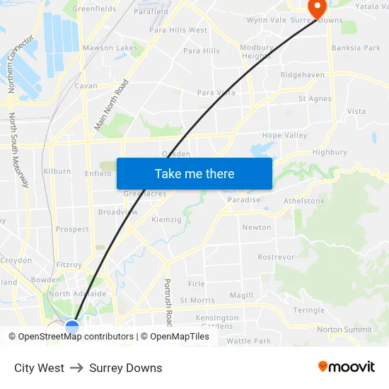City West to Surrey Downs map