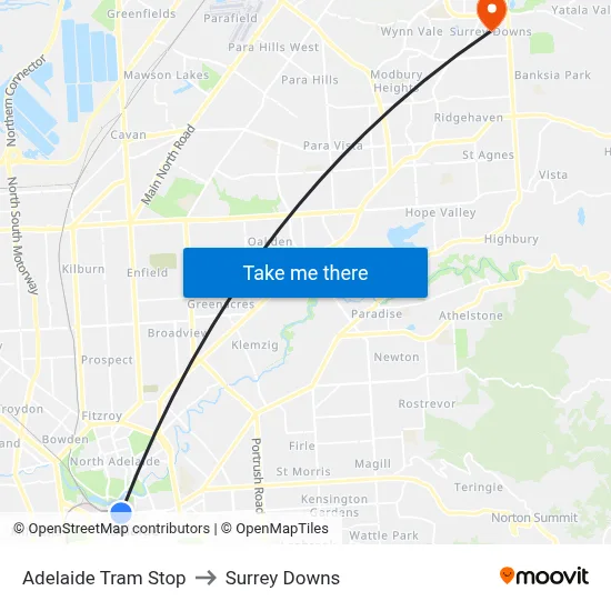 Adelaide Tram Stop to Surrey Downs map