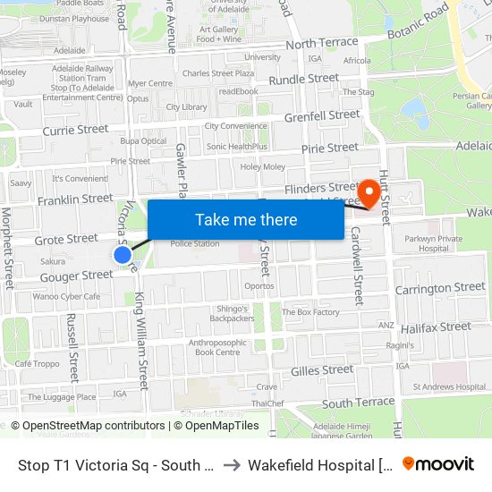 Stop T1 Victoria Sq - South West side to Wakefield Hospital [Calvary] map