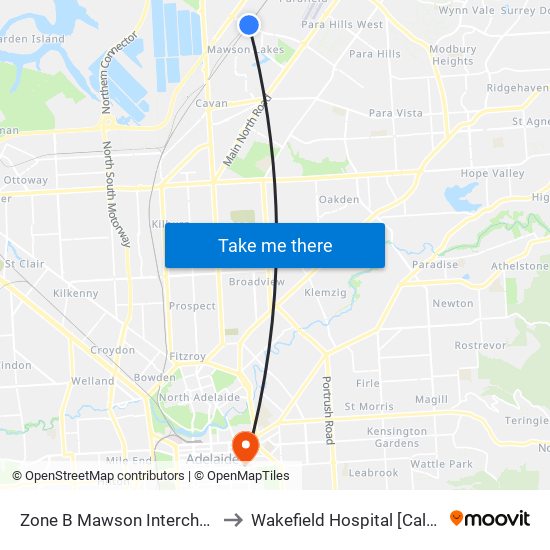 Zone B Mawson Interchange to Wakefield Hospital [Calvary] map