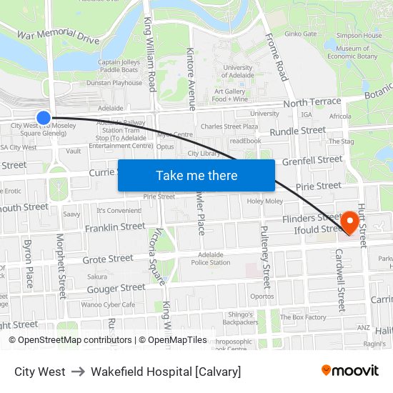 City West to Wakefield Hospital [Calvary] map