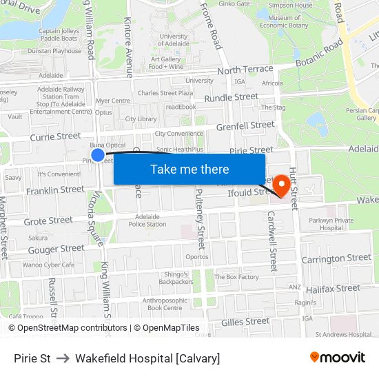 Pirie St to Wakefield Hospital [Calvary] map