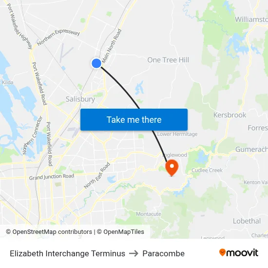 Elizabeth Interchange Terminus to Paracombe map