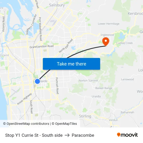 Stop Y1 Currie St - South side to Paracombe map