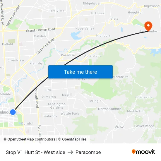 Stop V1 Hutt St - West side to Paracombe map