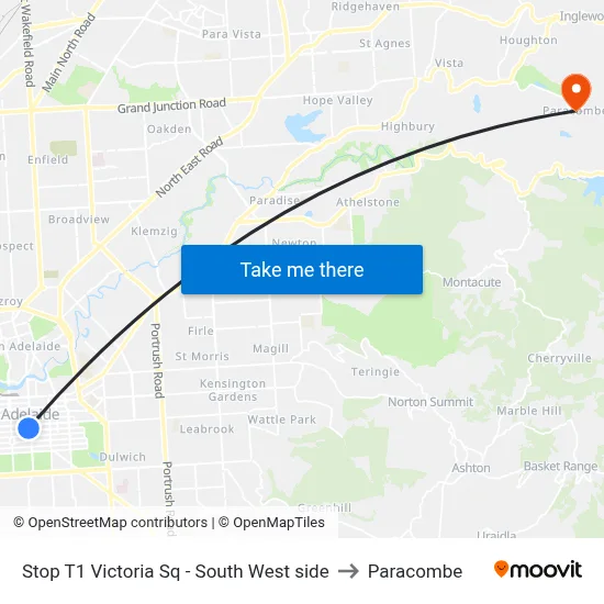 Stop T1 Victoria Sq - South West side to Paracombe map