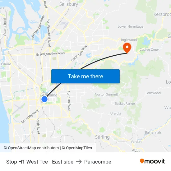Stop H1 West Tce - East side to Paracombe map