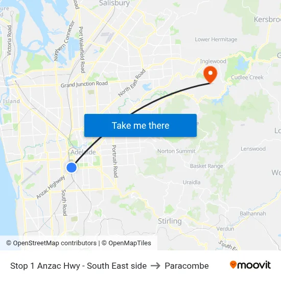 Stop 1 Anzac Hwy - South East side to Paracombe map