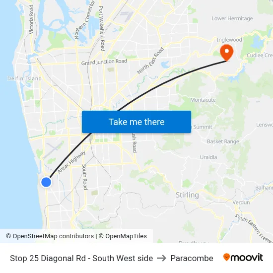 Stop 25 Diagonal Rd - South West side to Paracombe map