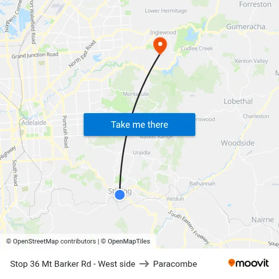 Stop 36 Mt Barker Rd - West side to Paracombe map