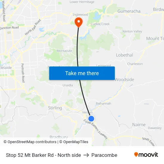 Stop 52 Mt Barker Rd - North side to Paracombe map