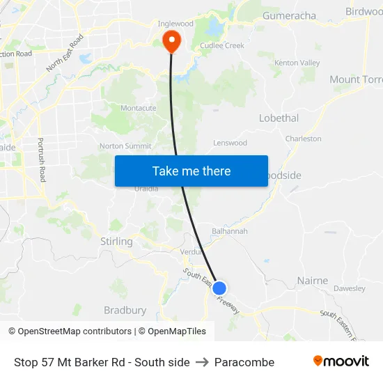 Stop 57 Mt Barker Rd - South side to Paracombe map