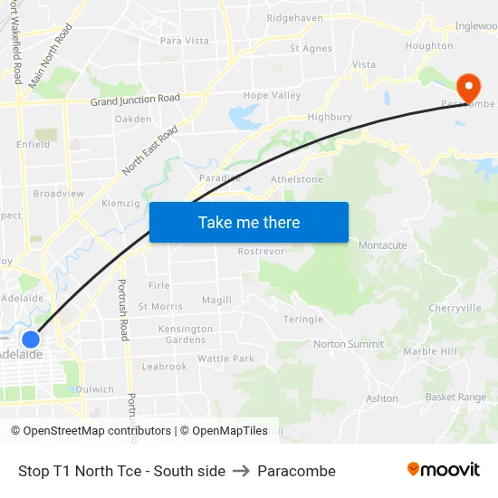 Stop T1 North Tce - South side to Paracombe map