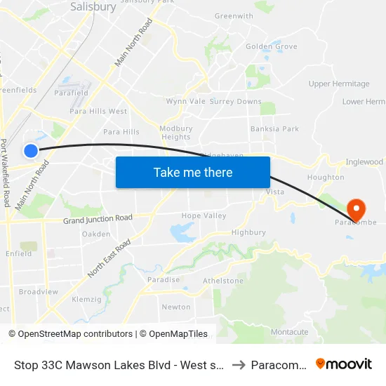 Stop 33C Mawson Lakes Blvd - West side to Paracombe map