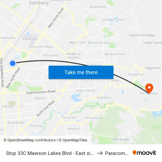 Stop 33C Mawson Lakes Blvd - East side to Paracombe map