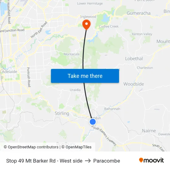 Stop 49 Mt Barker Rd - West side to Paracombe map