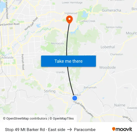 Stop 49 Mt Barker Rd - East side to Paracombe map