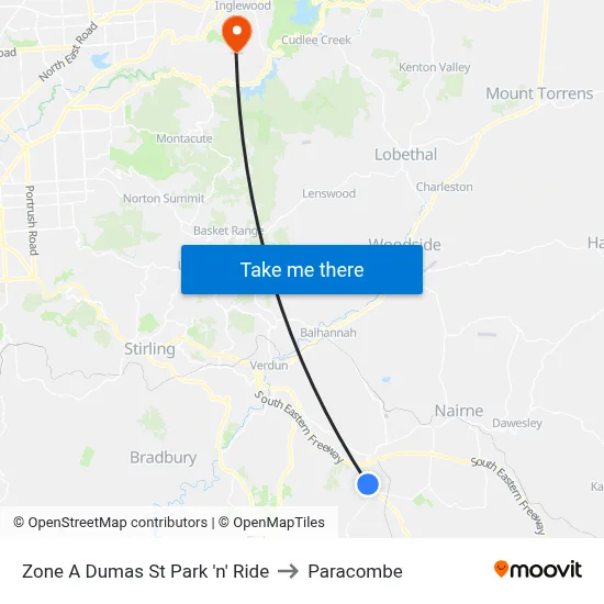 Zone A Dumas St Park 'n' Ride to Paracombe map