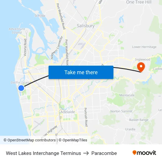 West Lakes Interchange Terminus to Paracombe map