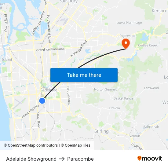 Adelaide Showground to Paracombe map