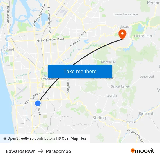 Edwardstown to Paracombe map