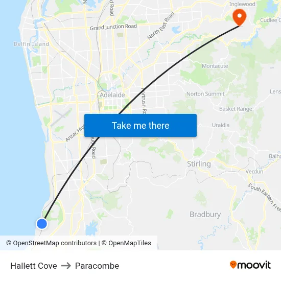 Hallett Cove to Paracombe map