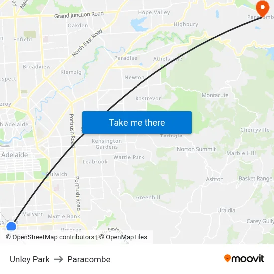 Unley Park to Paracombe map
