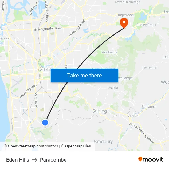 Eden Hills to Paracombe map