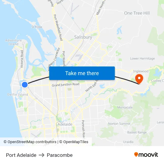Port Adelaide to Paracombe map