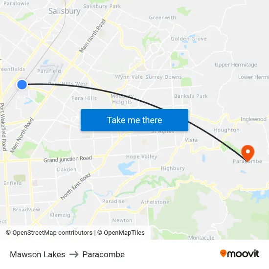 Mawson Lakes to Paracombe map