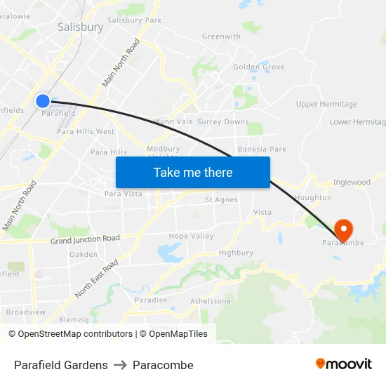 Parafield Gardens to Paracombe map