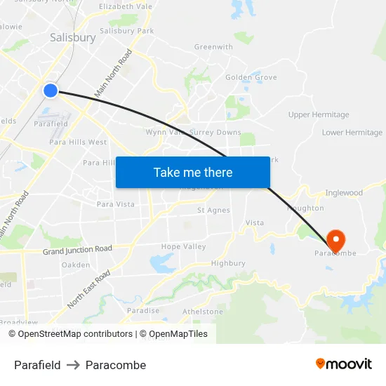 Parafield to Paracombe map