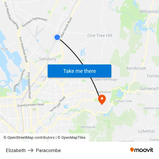 Elizabeth to Paracombe map