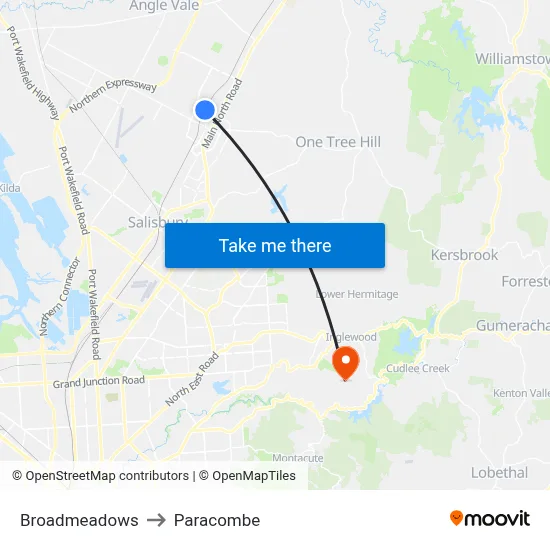 Broadmeadows to Paracombe map